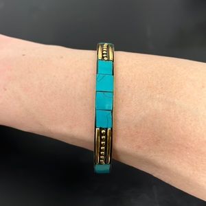 Vintage Gold and Turquoise Mosaic Bangle Bracelet, Thin, Boho